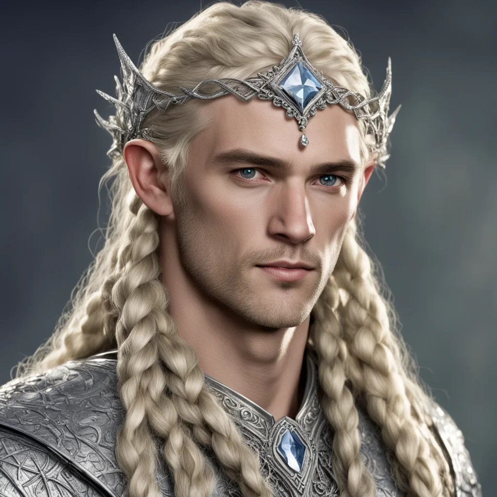 aitolkien king amroth with blond hair and braids wearing silver elvish circlet encrusted with large diamonds with large center diamond amazing awesome portrait 2