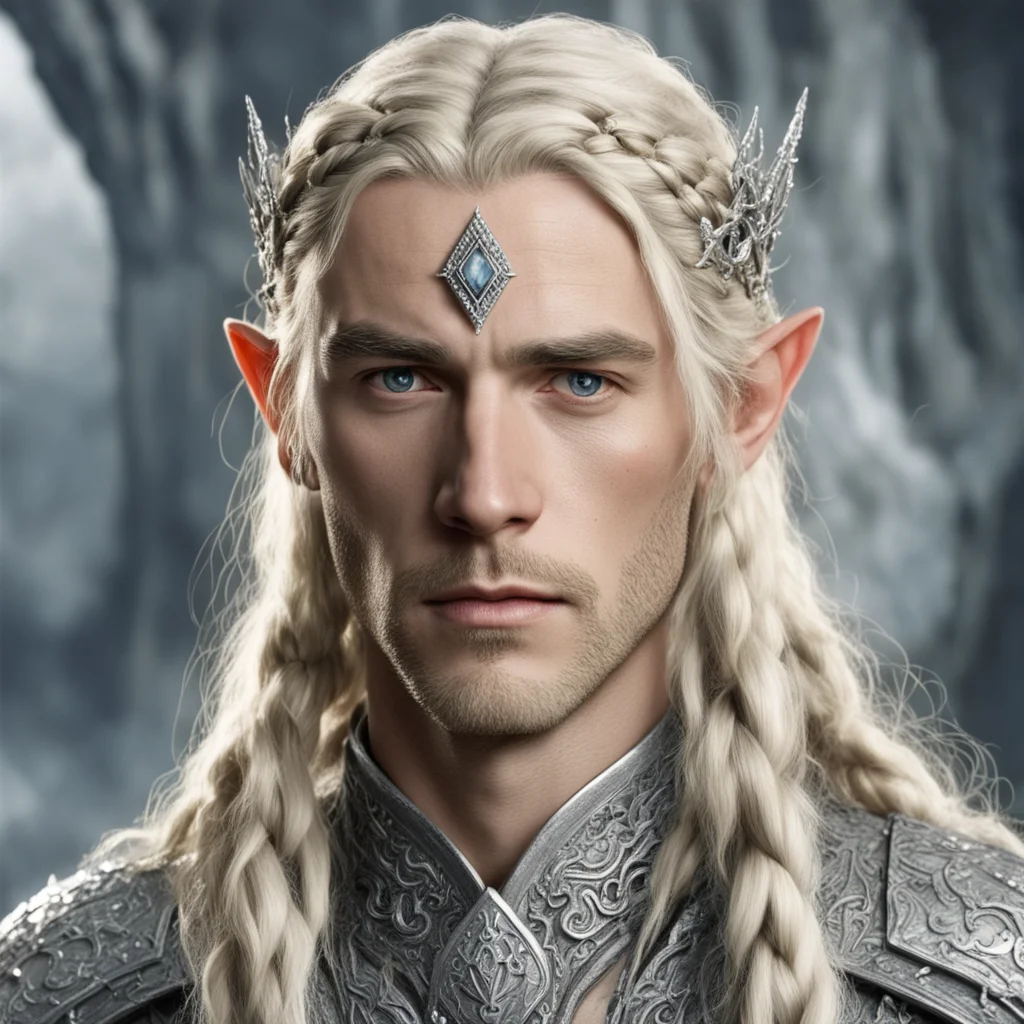 aitolkien king amroth with blond hair and braids wearing silver elvish circlet encrusted with large diamonds with large center diamond good looking trending fantastic 1