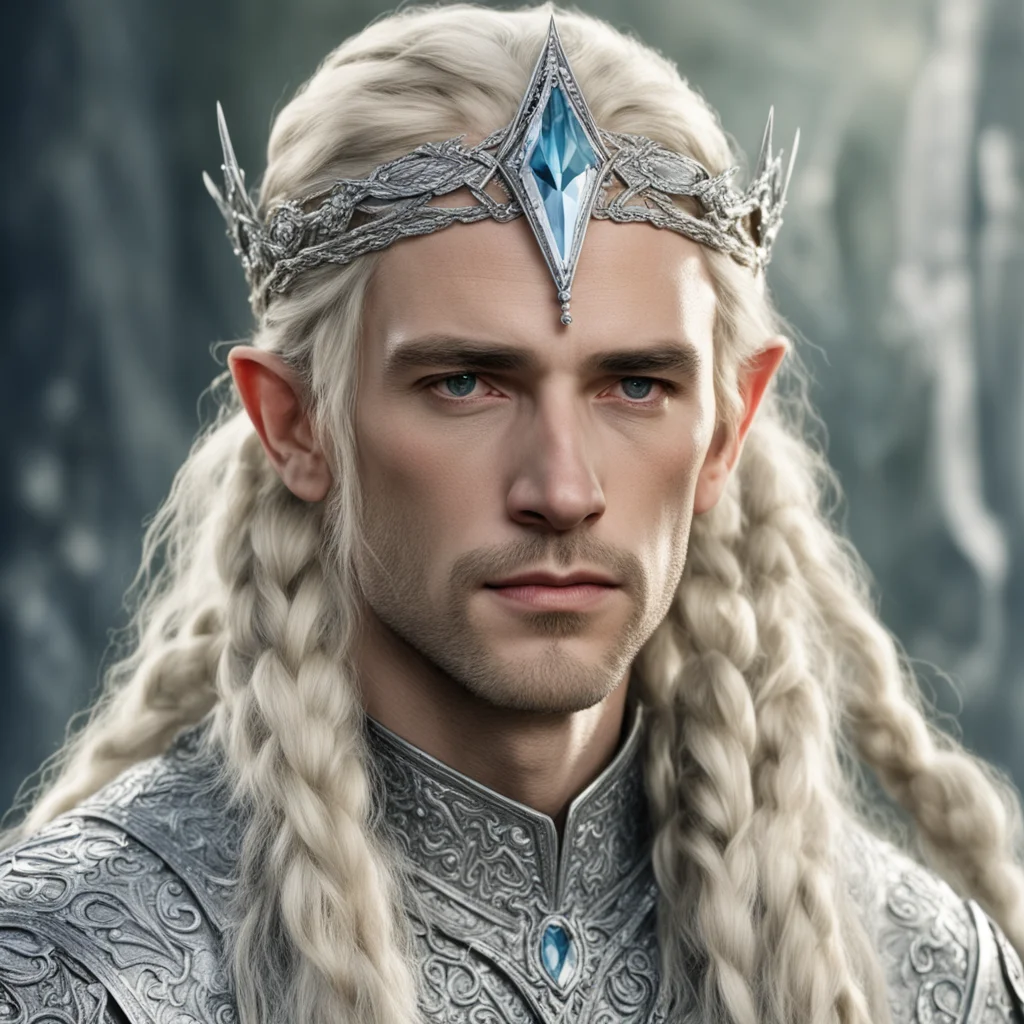 tolkien king amroth with blond hair and braids wearing silver elvish circlet encrusted with large diamonds with large center diamond