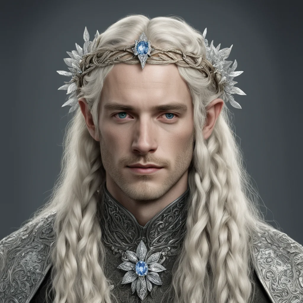 aitolkien king amroth with blond hair and braids wearing silver flower serpentine sindarin elvish circlet encrusted with diamonds with large center diamond 
