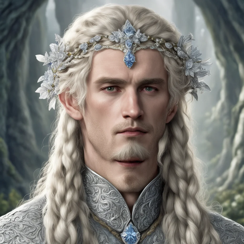 tolkien king amroth with blond hair and braids wearing silver flowers encrusted with diamonds forming a silver serpentine elvish circlet encrusted with diamonds with large center diamond amazing awe