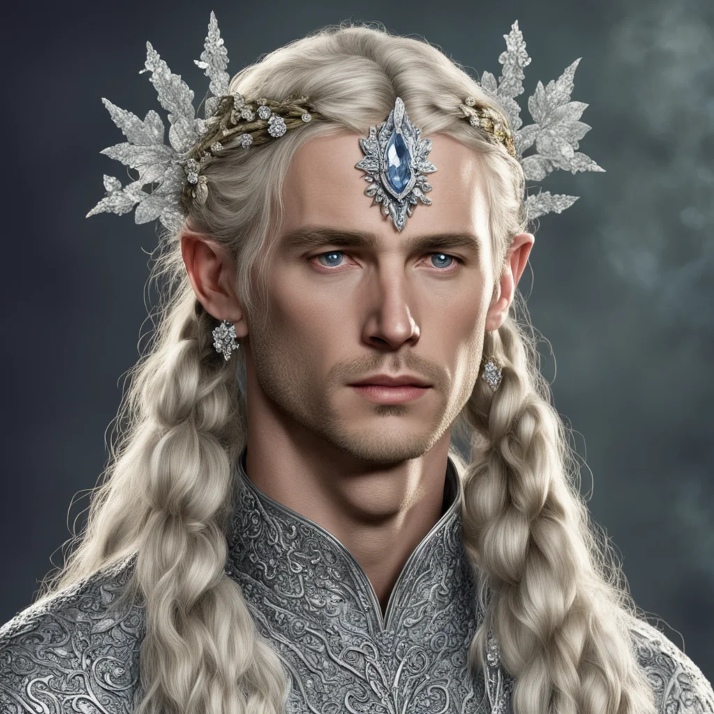aitolkien king amroth with blond hair and braids wearing silver flowers encrusted with diamonds forming a silver serpentine elvish circlet encrusted with diamonds with large center diamond