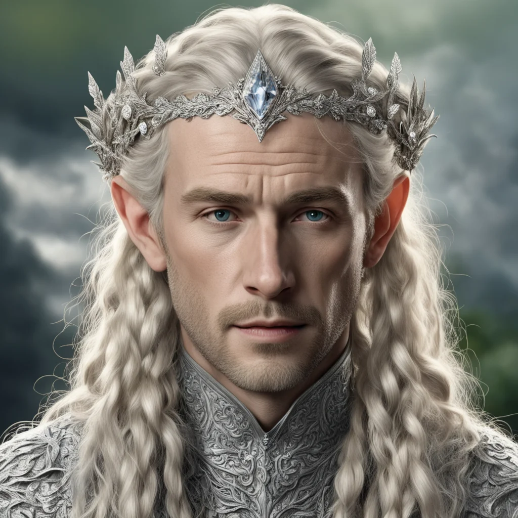 aitolkien king amroth with blond hair and braids wearing silver laurel leaves encrusted with diamonds with clusters of diamonds to form a silver elvish circlet with large center diamond