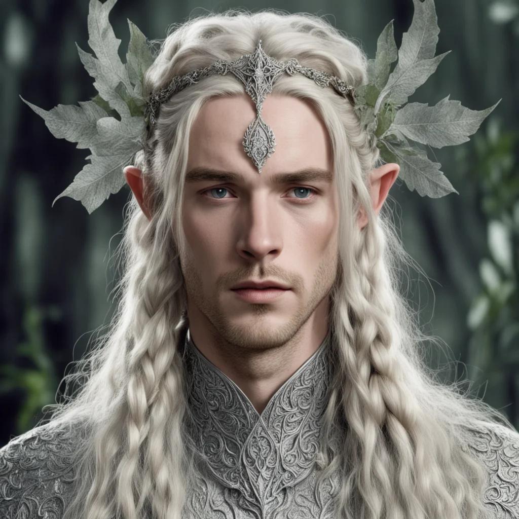 aitolkien king amroth with blond hair and braids wearing silver leafy vines encrusted with diamonds to form silver elvish circlet with large center diamond amazing awesome portrait 2