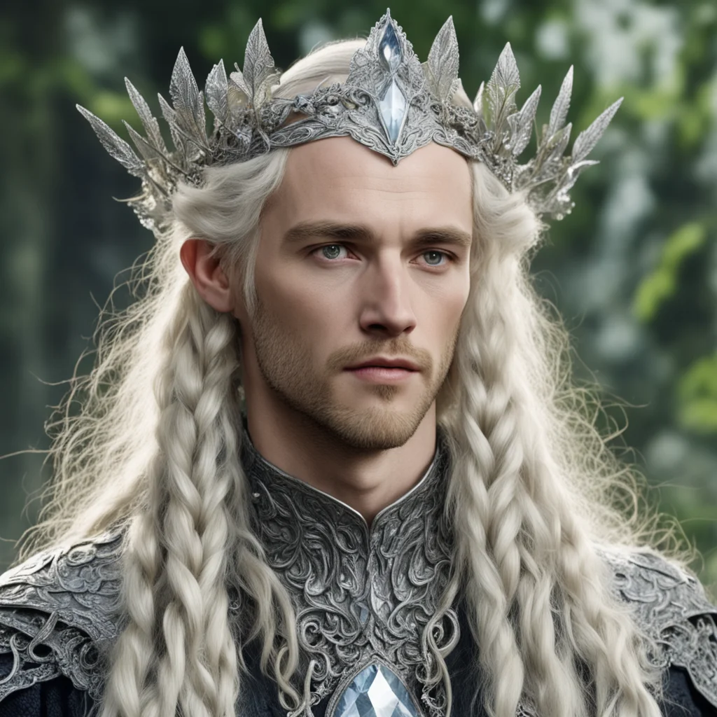 tolkien king amroth with blond hair and braids wearing silver leafy vines encrusted with diamonds to form silver elvish circlet with large center diamond confident engaging wow artstation art 3