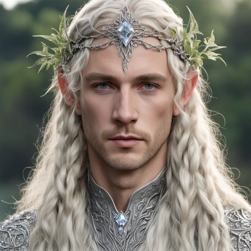 aitolkien king amroth with blond hair and braids wearing silver leafy vines encrusted with diamonds to form silver elvish circlet with large center diamond good looking trending fantastic 1