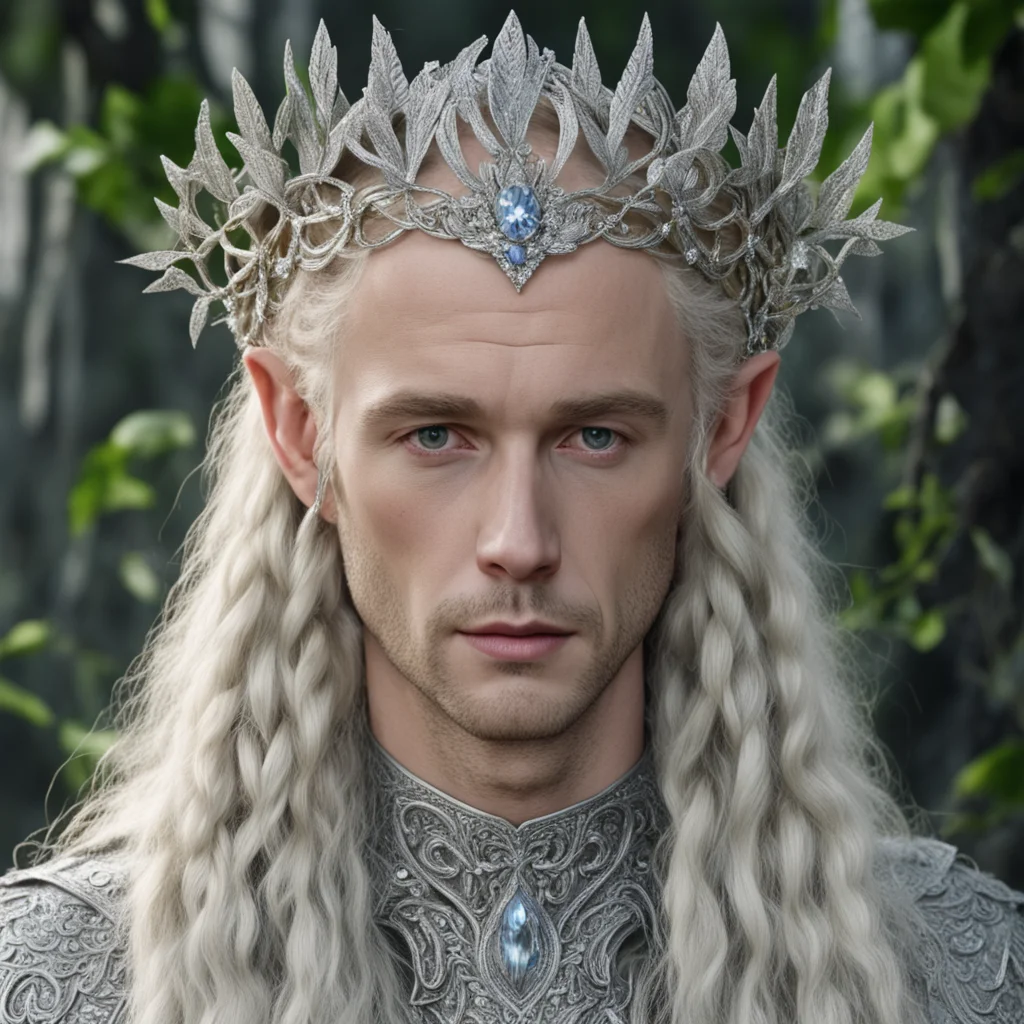 aitolkien king amroth with blond hair and braids wearing silver leafy vines encrusted with diamonds to form silver elvish circlet with large center diamond