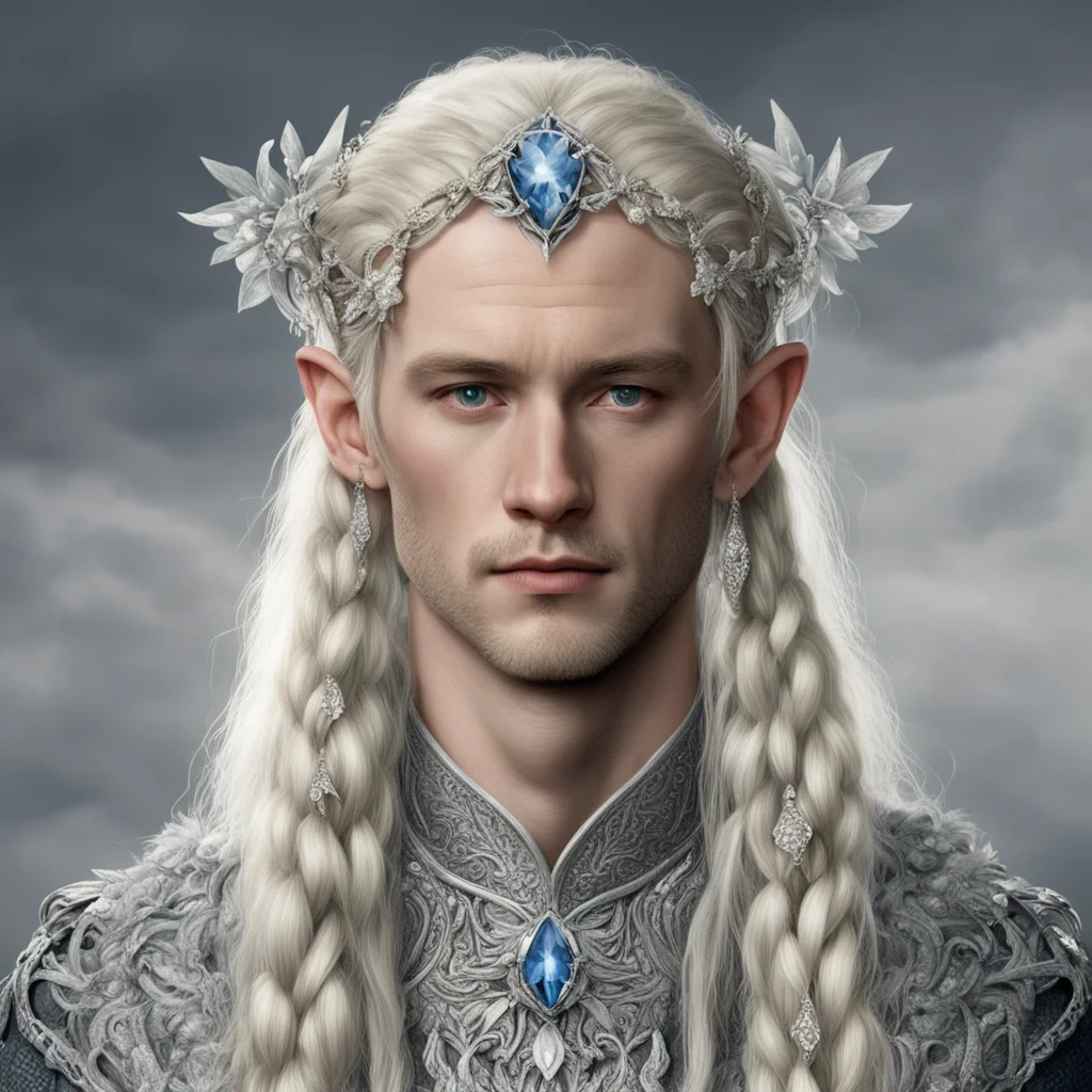 aitolkien king amroth with blond hair and braids wearing silver orchids encrusted with diamonds forming a silver elvish circlet with large center diamond  amazing awesome portrait 2