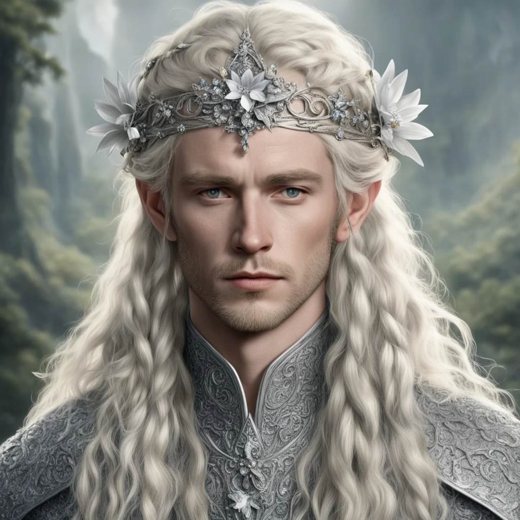 aitolkien king amroth with blond hair and braids wearing silver orchids encrusted with diamonds forming a silver elvish circlet with large center diamond  good looking trending fantastic 1