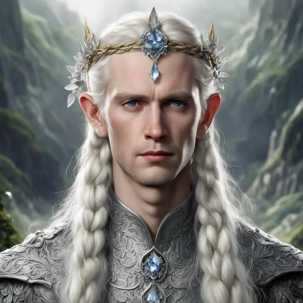 aitolkien king amroth with blond hair and braids wearing silver orchids encrusted with diamonds forming a silver elvish circlet with large center diamond 