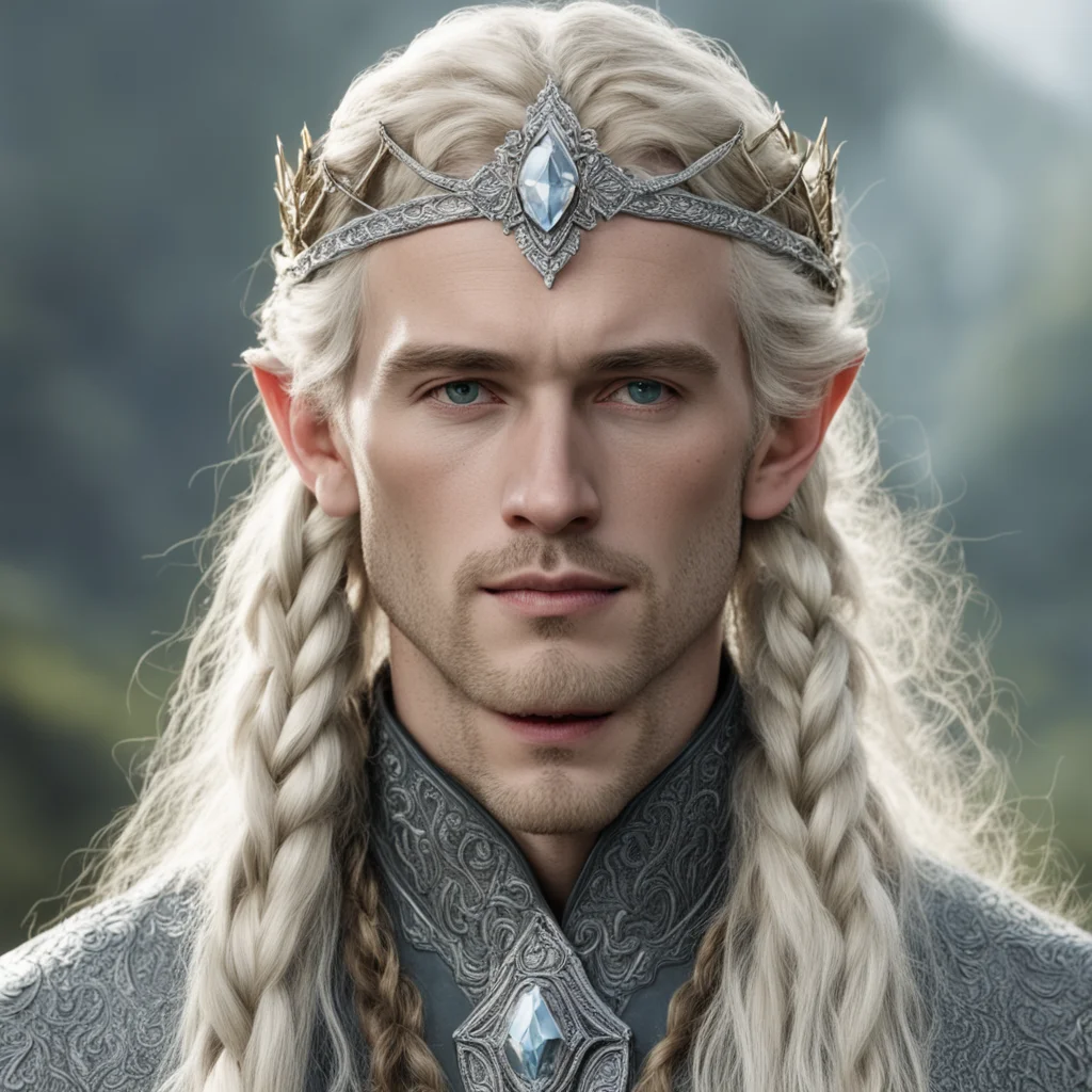 aitolkien king amroth with blond hair and braids wearing silver serpentine elvish circlet encrusted with diamonds with large center diamond  good looking trending fantastic 1
