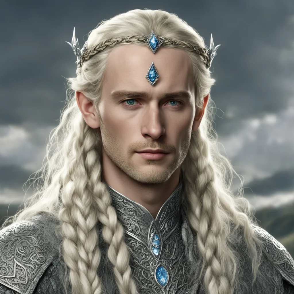 aitolkien king amroth with blond hair and braids wearing silver serpentine elvish circlet encrusted with diamonds with large center diamond 