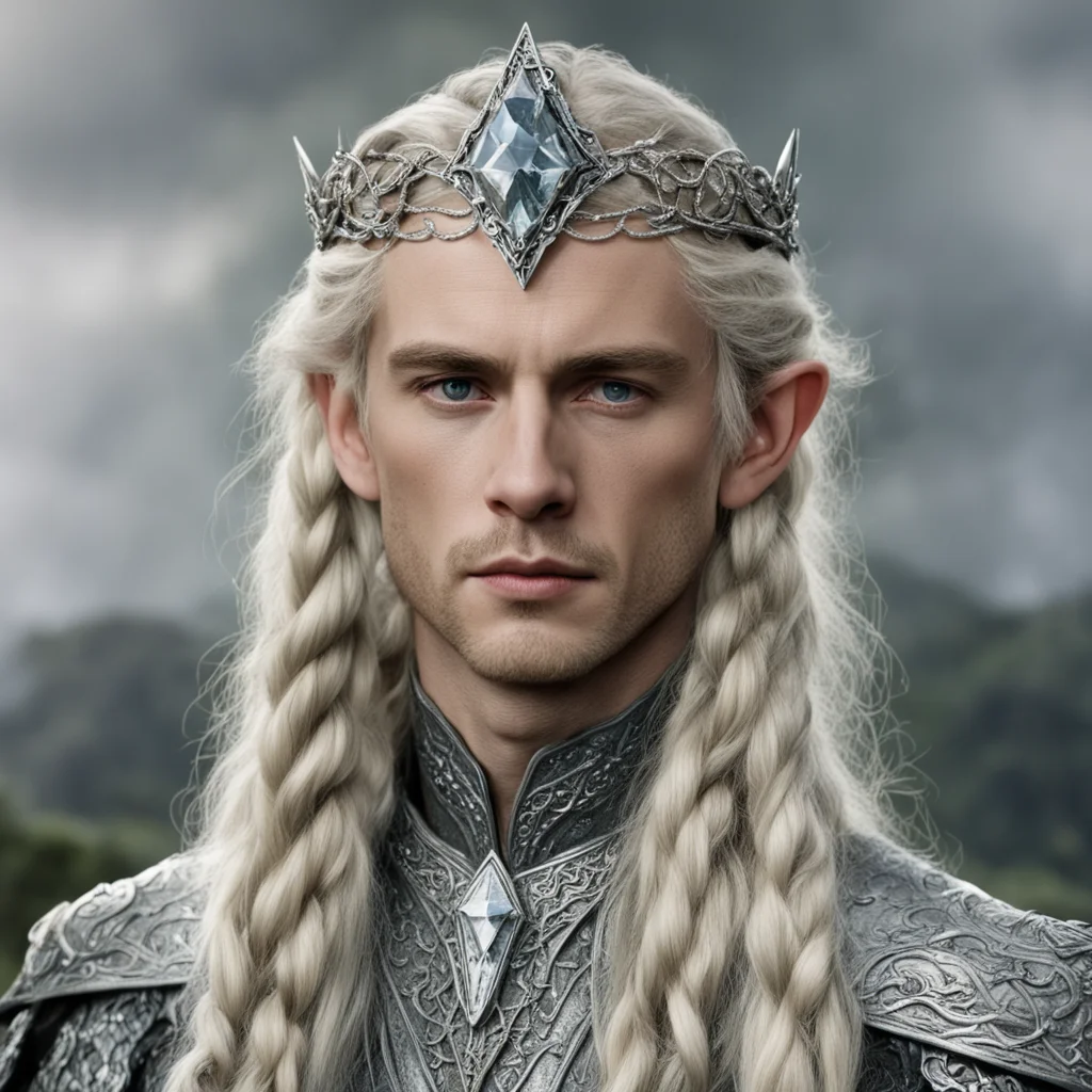 tolkien king amroth with blond hair and braids wearing silver serpentine elvish circlet encrusted with diamonds with large center diamond amazing awesome portrait 2
