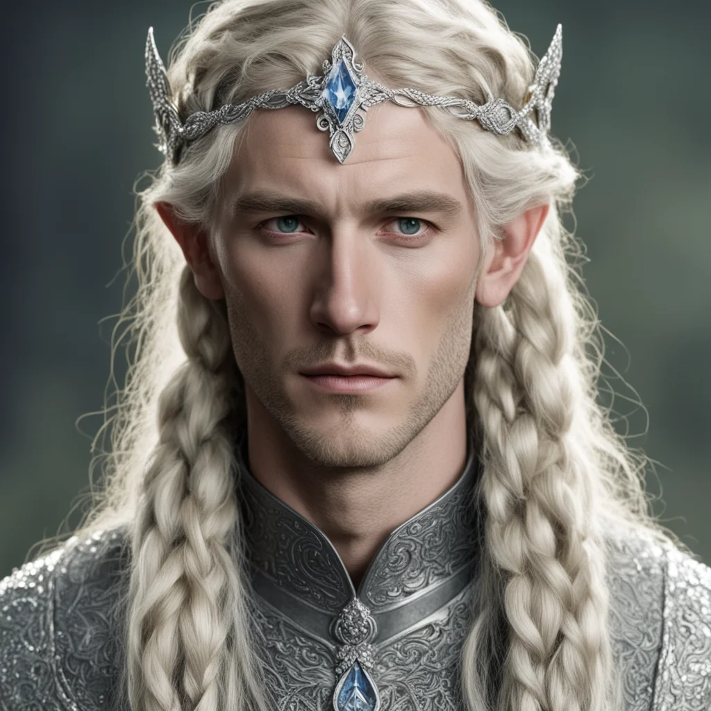 aitolkien king amroth with blond hair and braids wearing silver serpentine elvish circlet encrusted with diamonds with large center diamond good looking trending fantastic 1