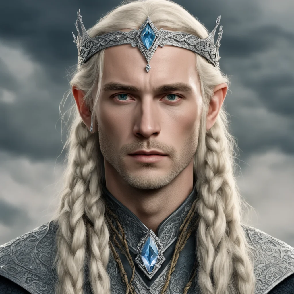 aitolkien king amroth with blond hair and braids wearing silver serpentine elvish circlet encrusted with diamonds with large center diamond