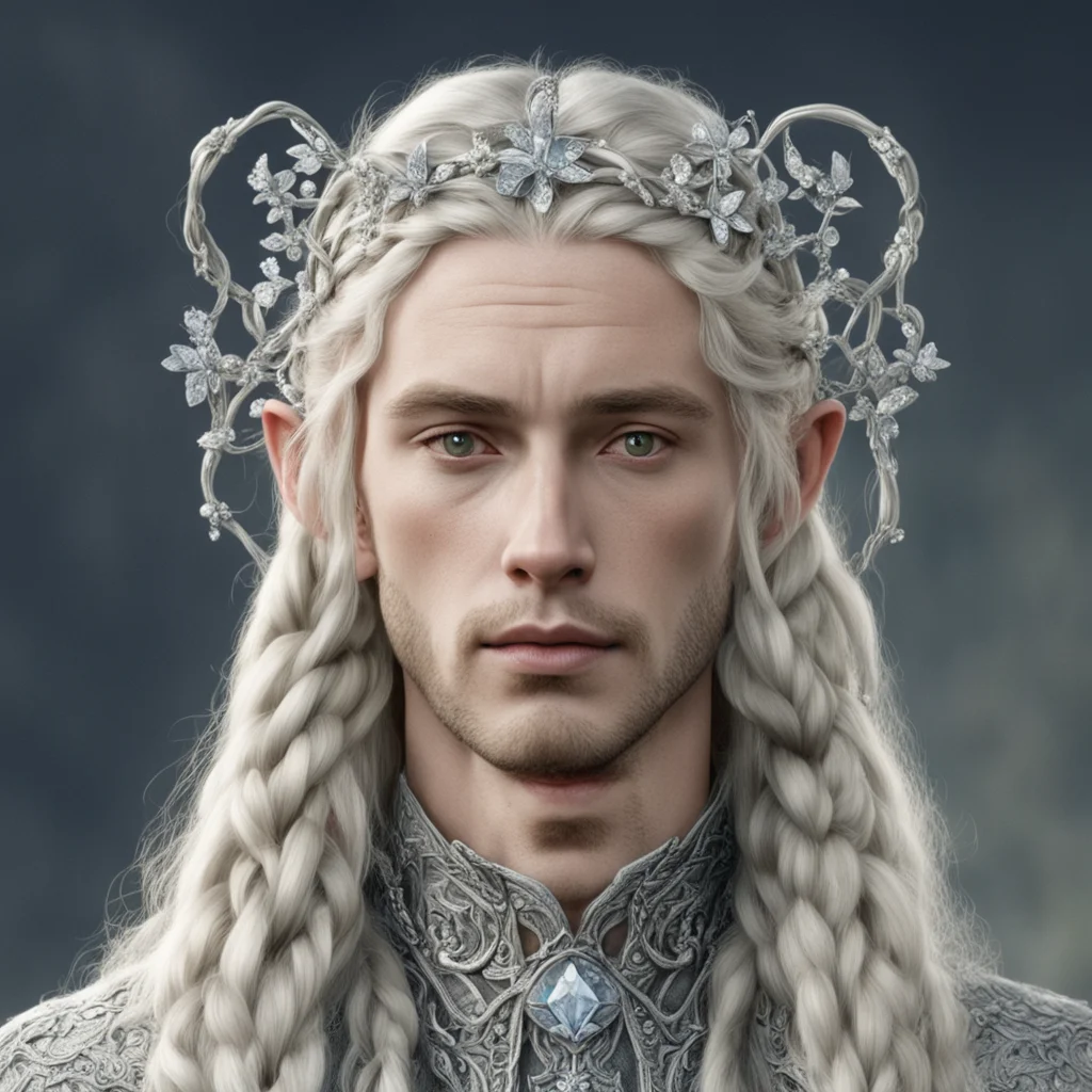 tolkien king amroth with blond hair and braids wearing silver serpentine flowers encrusted with diamonds intertwined to form a silver sindarin elvish circlet with large center diamond  amazing aweso