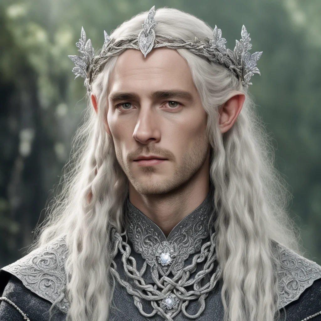 aitolkien king amroth with blond hair and braids wearing silver serpentine flowers encrusted with diamonds intertwined to form a silver sindarin elvish circlet with large center diamond 