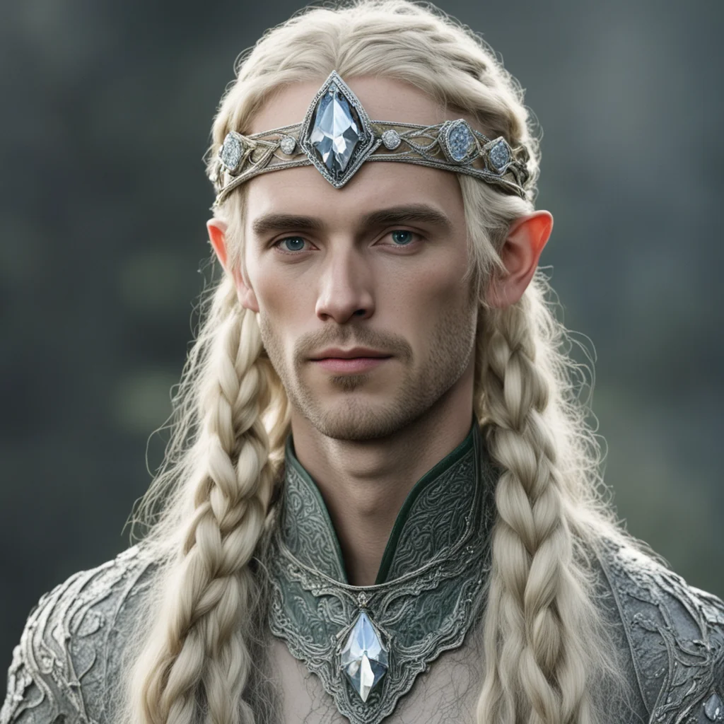 aitolkien king amroth with blond hair and braids wearing silver serpentine nandorin elvish circlet encrusted with diamonds with large center diamond  amazing awesome portrait 2