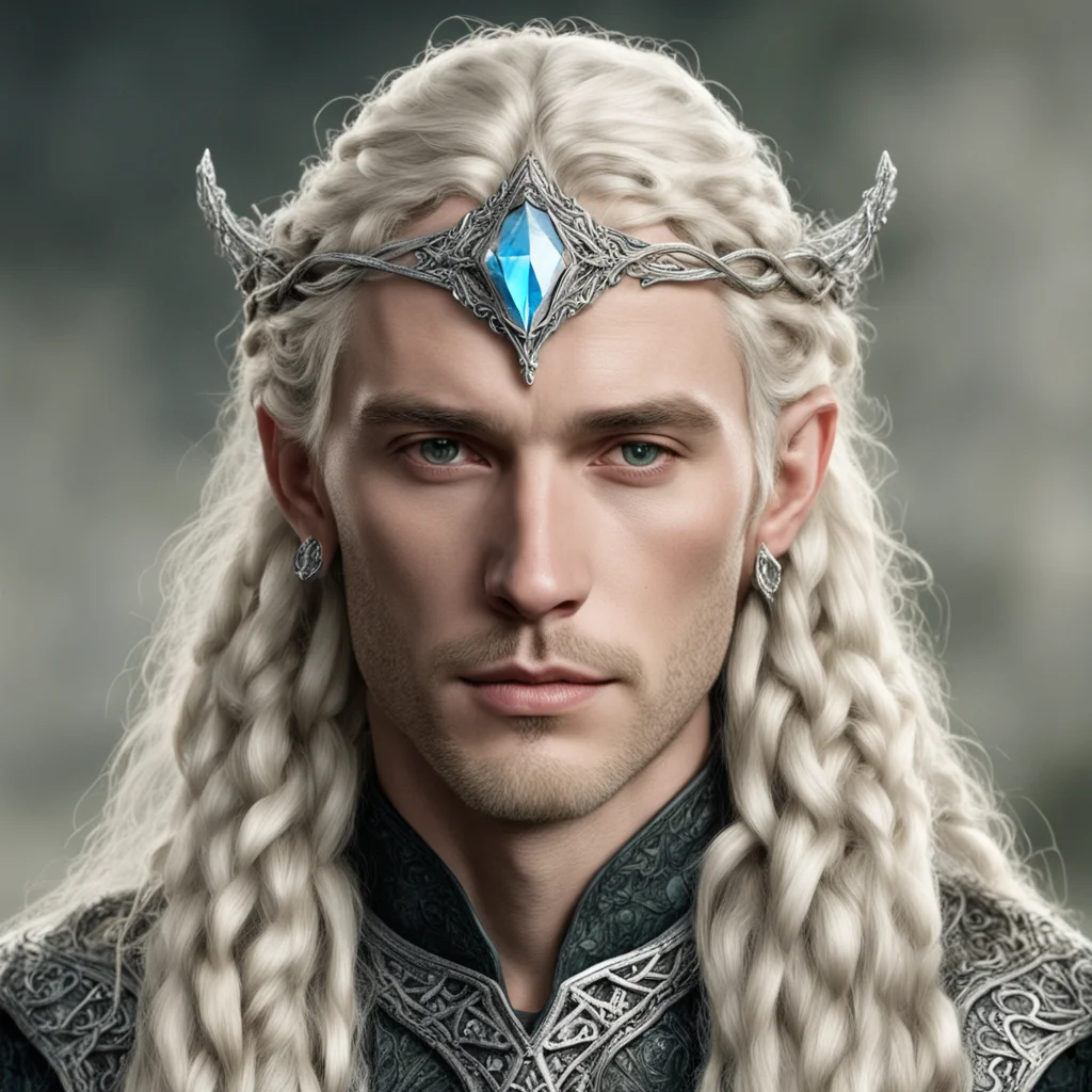 aitolkien king amroth with blond hair and braids wearing silver serpentine nandorin elvish circlet encrusted with diamonds with large center diamond  good looking trending fantastic 1