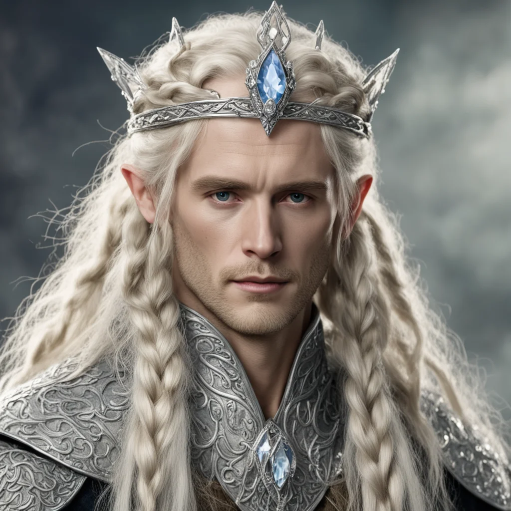 aitolkien king amroth with blond hair and braids wearing silver serpentine nandorin elvish circlet encrusted with diamonds with large center diamond 