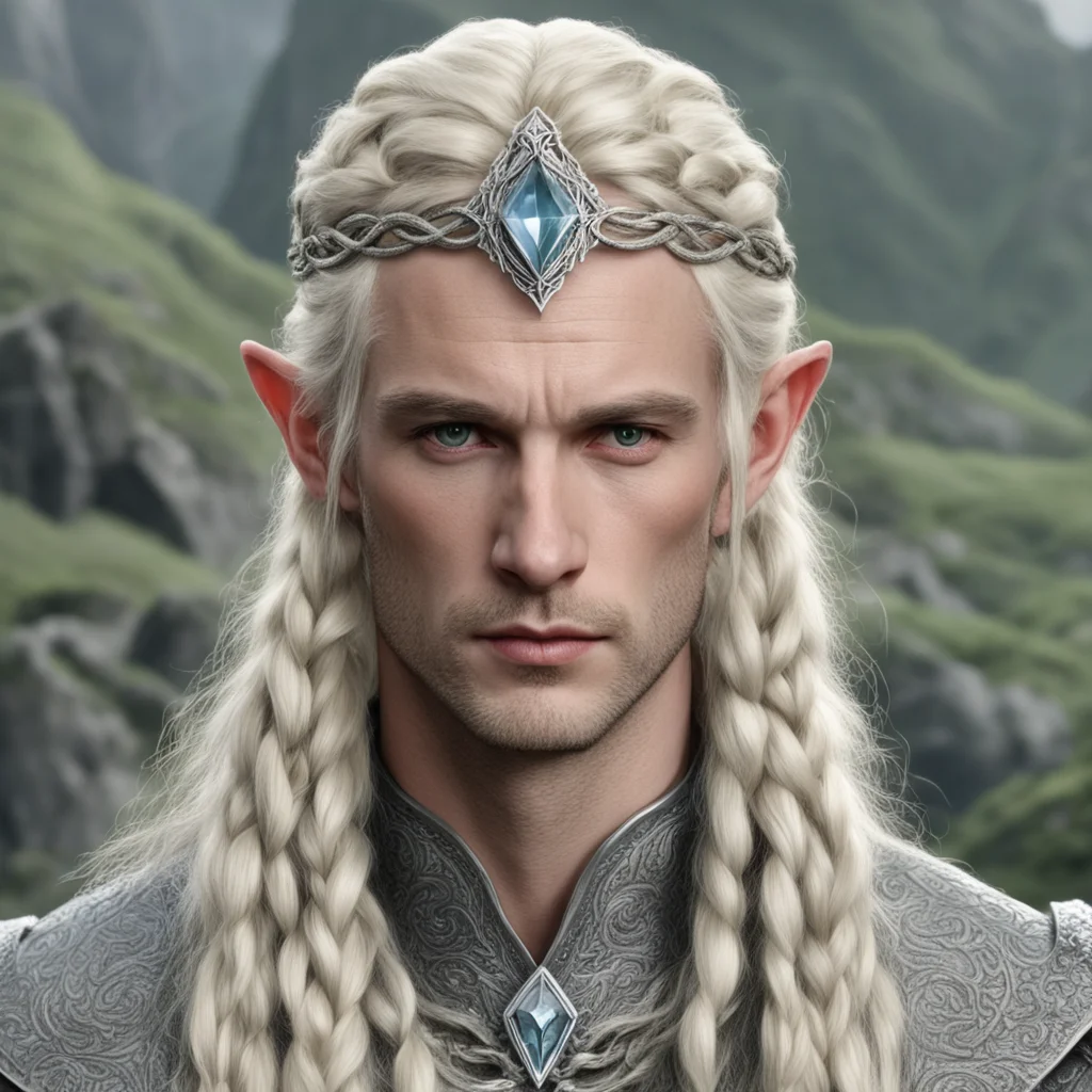 tolkien king amroth with blond hair and braids wearing silver serpentine sindarin elvish circlet with large center diamond