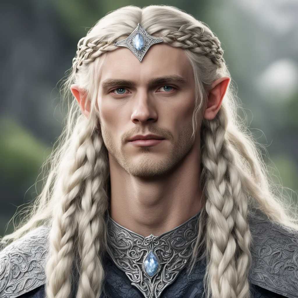 aitolkien king amroth with blond hair and braids wearing silver sindarin elvish circlet with center diamond good looking trending fantastic 1