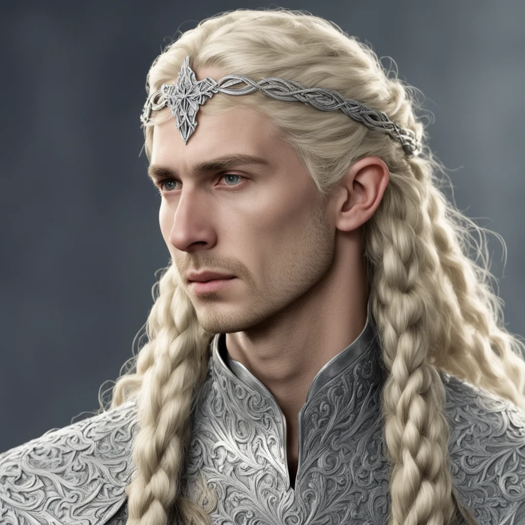 tolkien king amroth with blond hair and braids wearing silver sindarin elvish circlet with center diamond