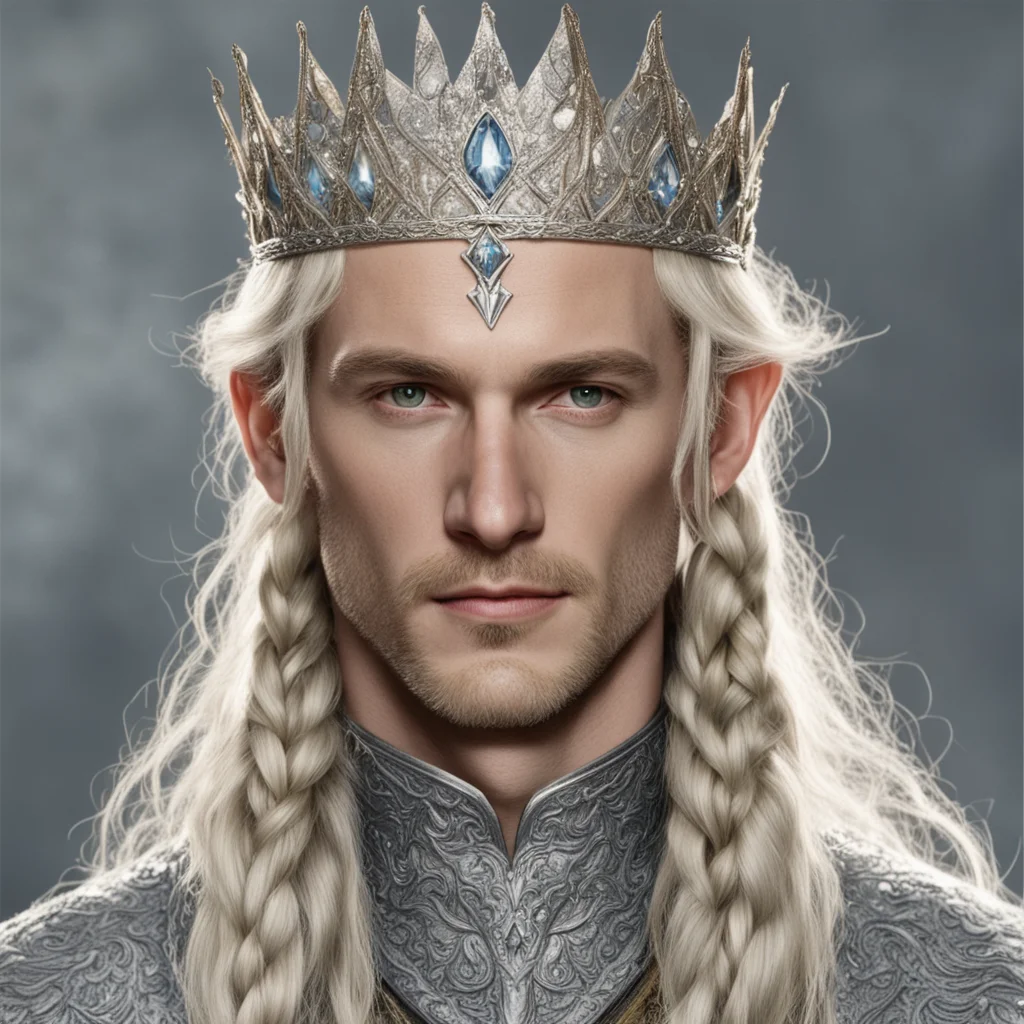aitolkien king amroth with blond hair and braids wearing silver sindarin elvish crown encrusted with diamonds with large center diamond  amazing awesome portrait 2