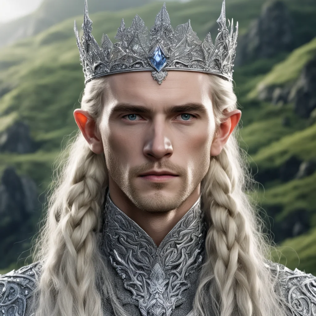 aitolkien king amroth with blond hair and braids wearing silver sindarin elvish crown encrusted with diamonds with large center diamond  confident engaging wow artstation art 3