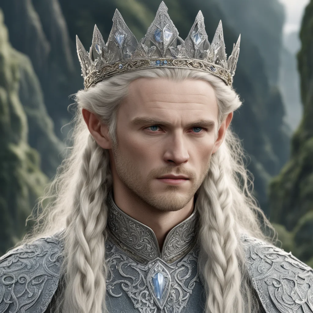aitolkien king amroth with blond hair and braids wearing silver sindarin elvish crown encrusted with diamonds with large center diamond  good looking trending fantastic 1