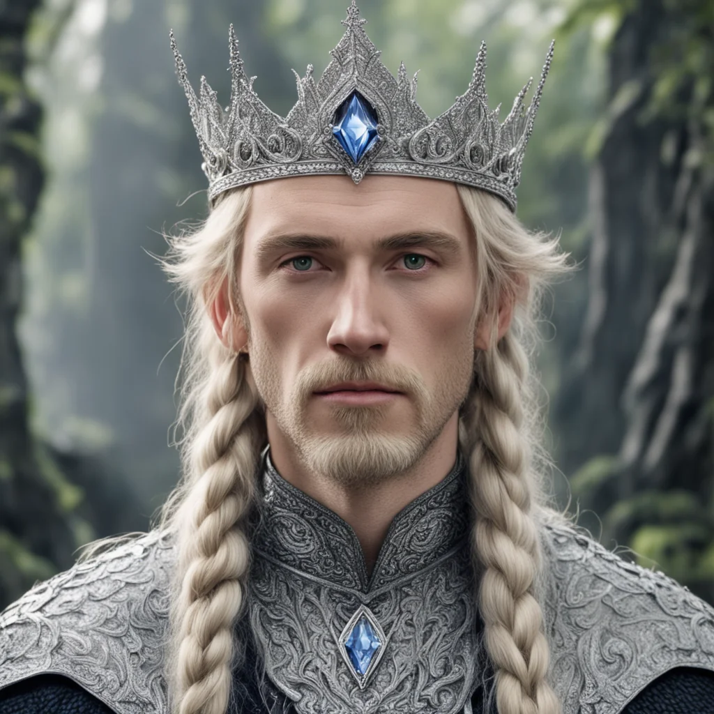 aitolkien king amroth with blond hair and braids wearing silver sindarin elvish crown encrusted with diamonds with large center diamond 