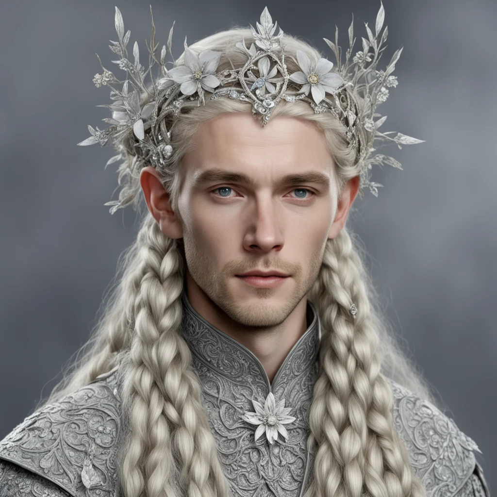 tolkien king amroth with blond hair and braids wearing silver twigs and silver flowers encrusted with diamonds to form a silver elvish circlet with large center diamond  confident engaging wow artst