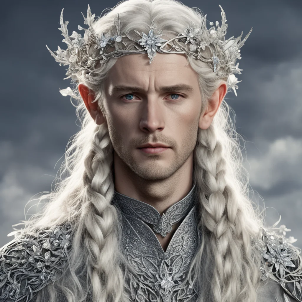 aitolkien king amroth with blond hair and braids wearing silver twigs and silver flowers encrusted with diamonds to form a silver elvish circlet with large center diamond 