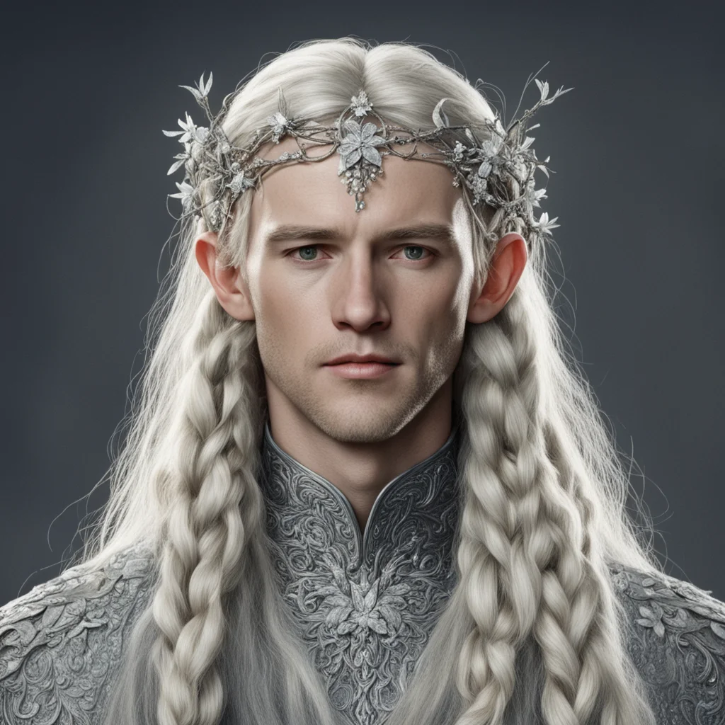 tolkien king amroth with blond hair and braids wearing silver twigs and silver flowers encrusted with diamonds to form a silver elvish circlet with large center diamond amazing awesome portrait 2.we