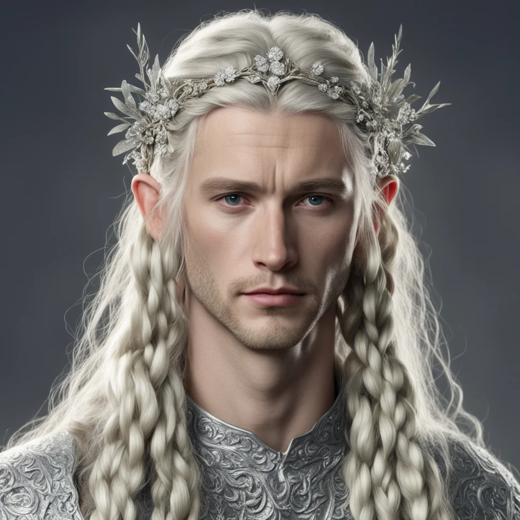 tolkien king amroth with blond hair and braids wearing silver twigs and silver flowers encrusted with diamonds to form a silver elvish circlet with large center diamond