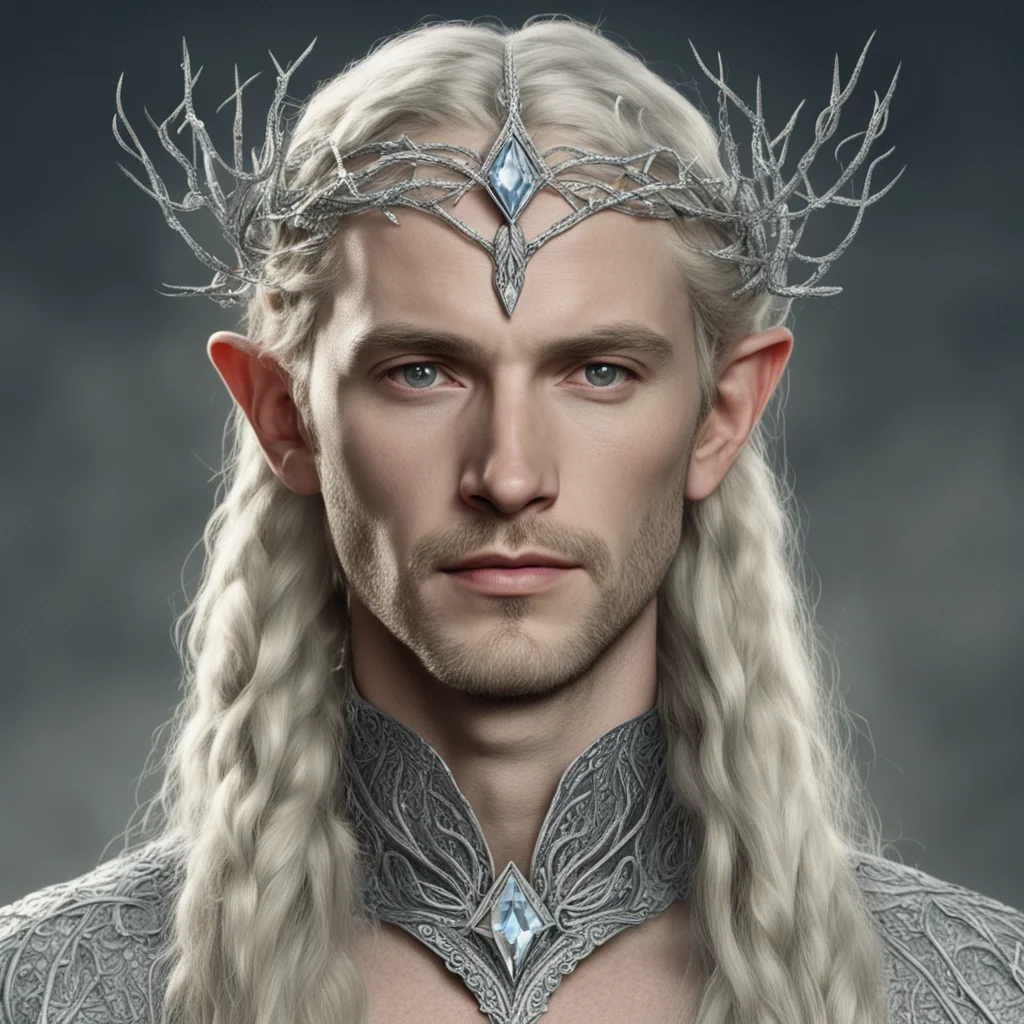 tolkien king amroth with blond hair and braids wearing silver twigs encrusted with diamonds intertwined to form a silver serpentine elvish circlet with large center diamond amazing awesome portrait 