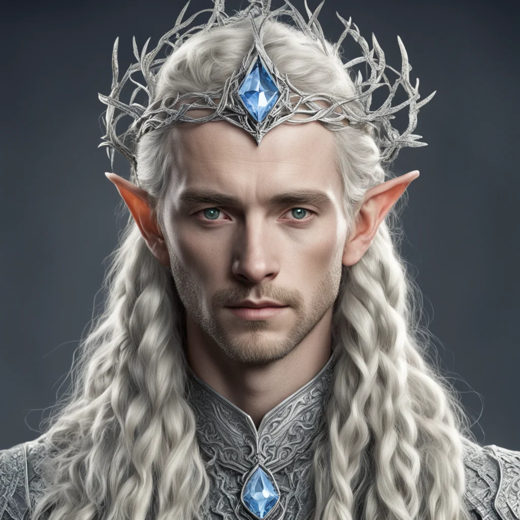 aitolkien king amroth with blond hair and braids wearing silver twigs encrusted with diamonds intertwined to form a silver serpentine elvish circlet with large center diamond
