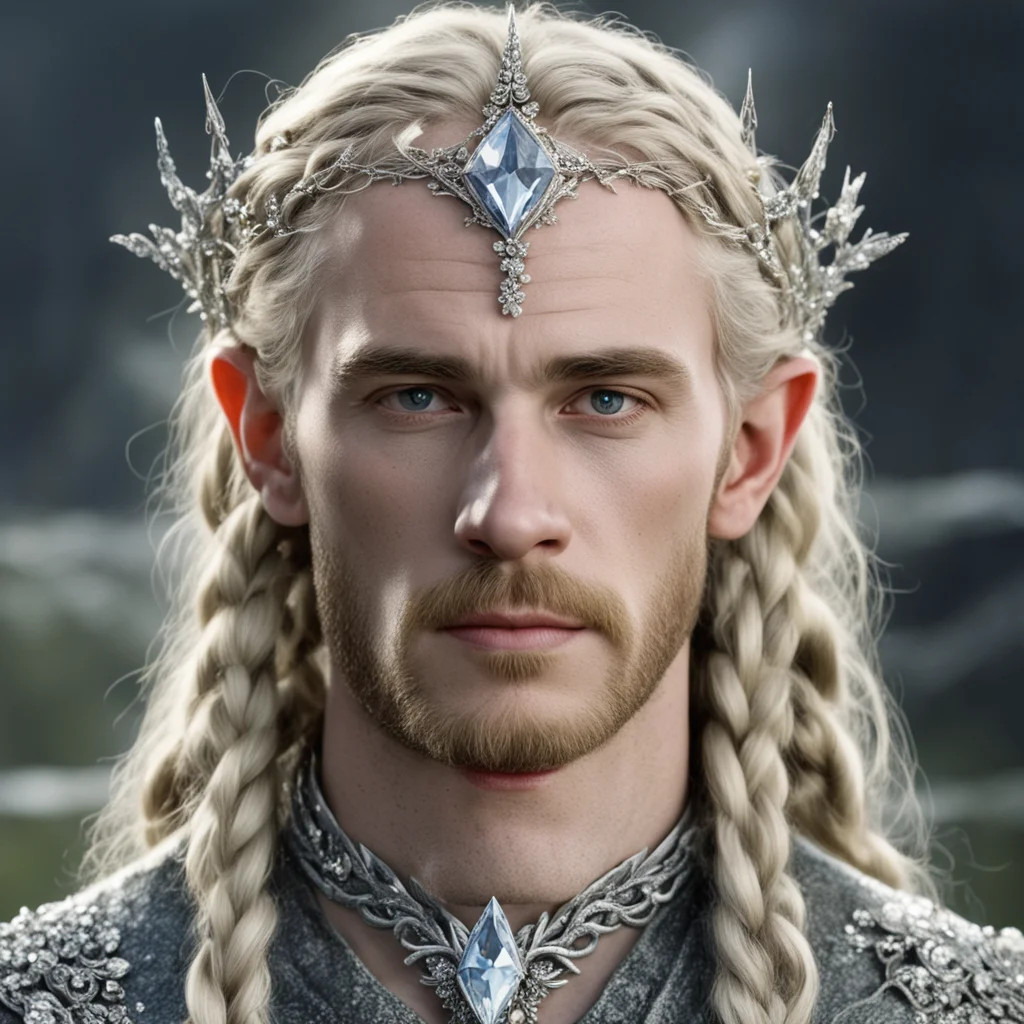 tolkien king amroth with blond hair and braids wearing silver twigs encrusted with diamonds with large diamond clusters to form a silver elvish circlet with large center diamond confident engaging w