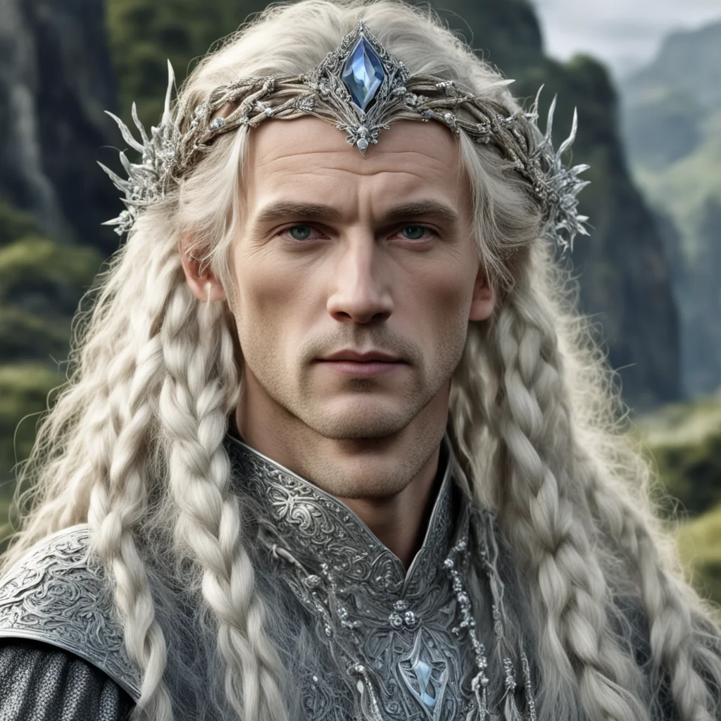aitolkien king amroth with blond hair and braids wearing silver twigs encrusted with diamonds with large diamond clusters to form a silver elvish circlet with large center diamond
