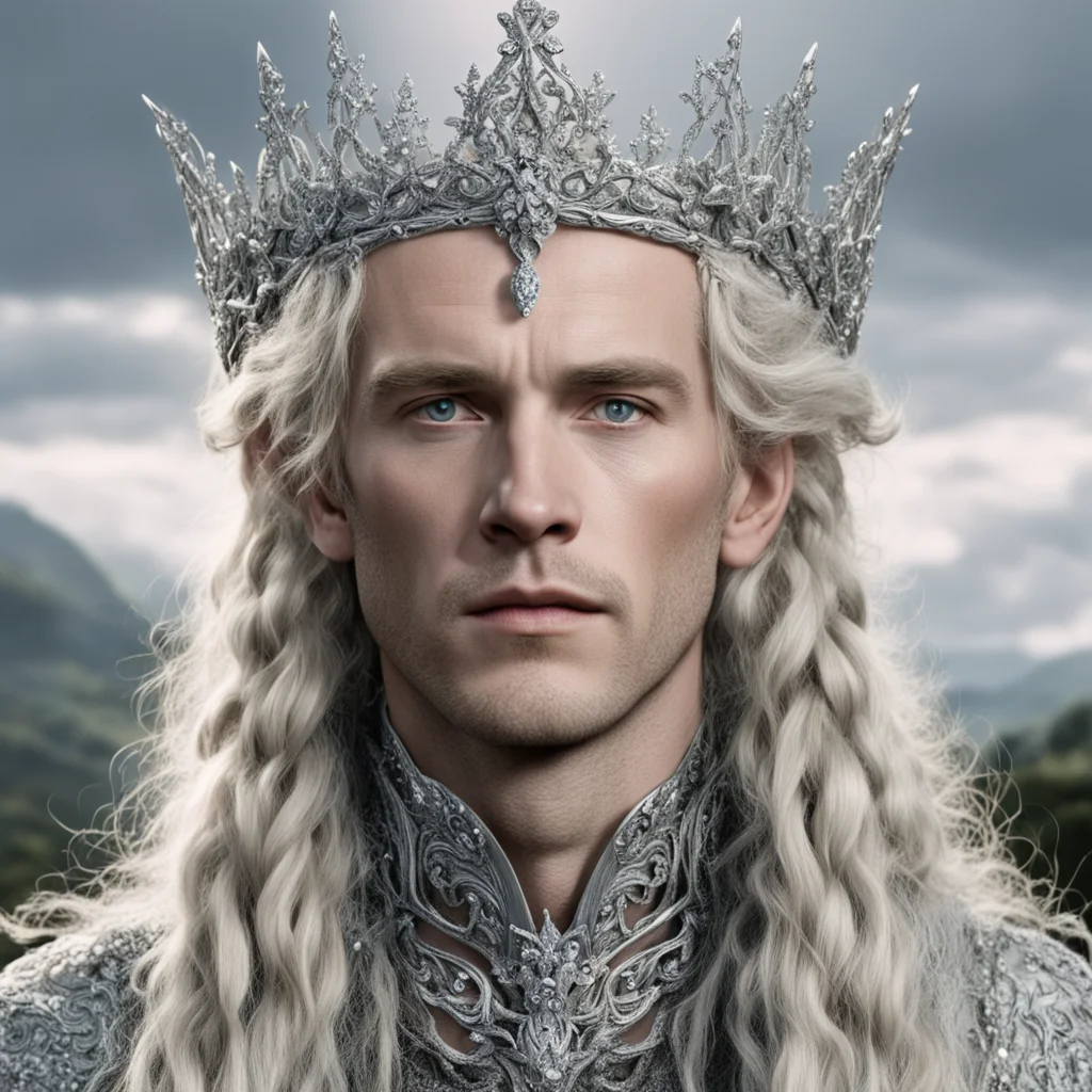 tolkien king amroth with blond hair and braids wearing silver vines encrusted with diamonds and clusters of diamonds forming a silver serpentine elvish coronet with large center diamond amazing awes