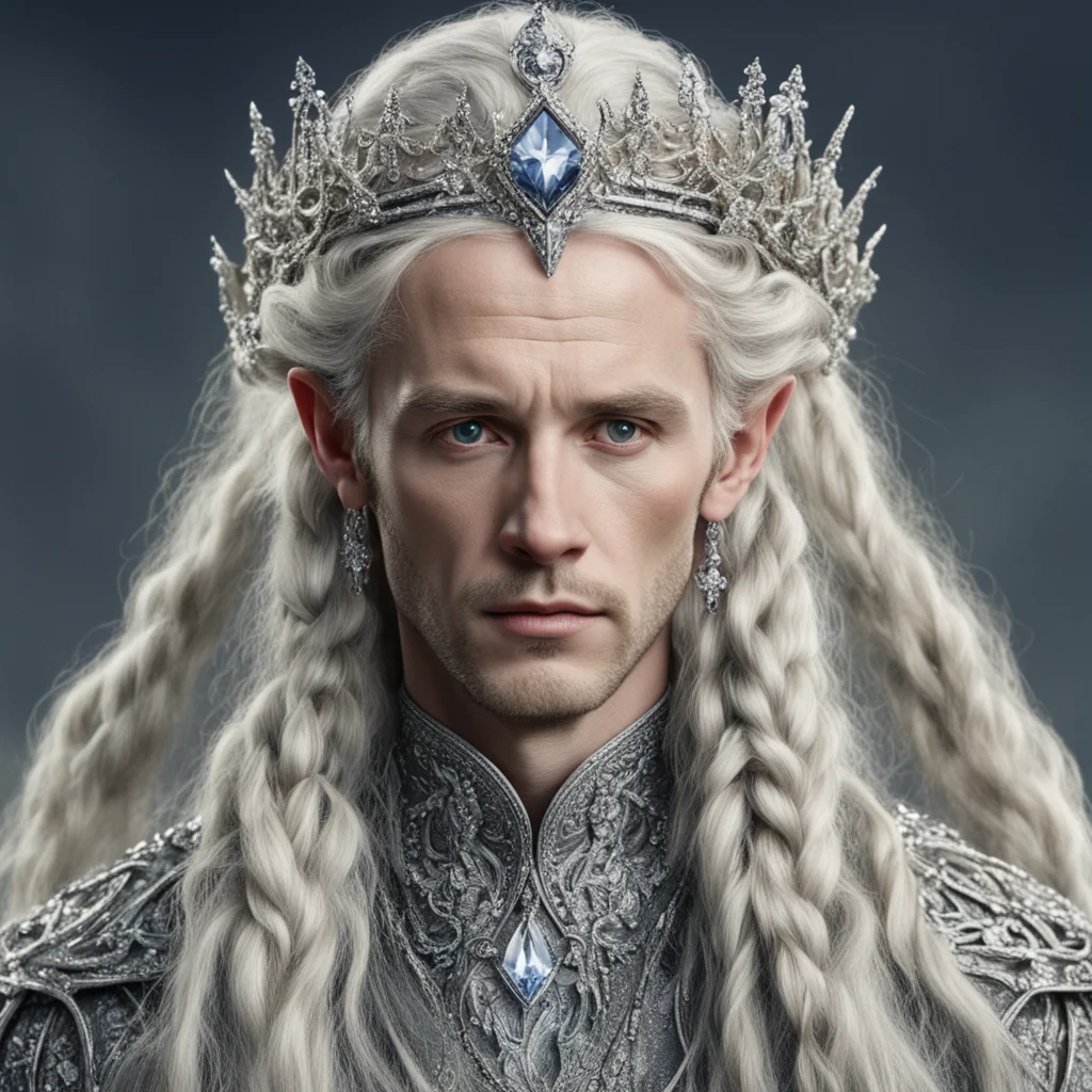 tolkien king amroth with blond hair and braids wearing silver vines encrusted with diamonds and clusters of diamonds forming a silver serpentine elvish coronet with large center diamond confident en