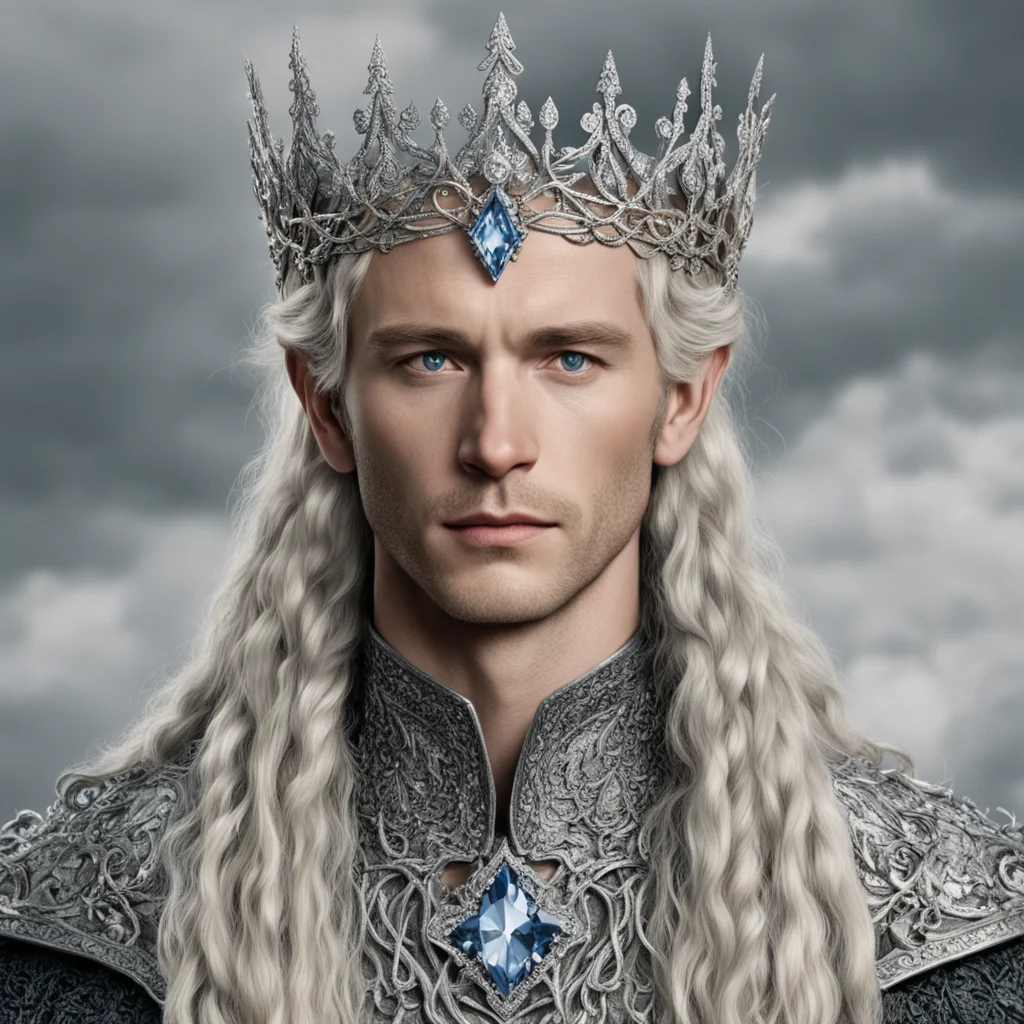 tolkien king amroth with blond hair and braids wearing silver vines encrusted with diamonds and clusters of diamonds forming a silver serpentine elvish coronet with large center diamond