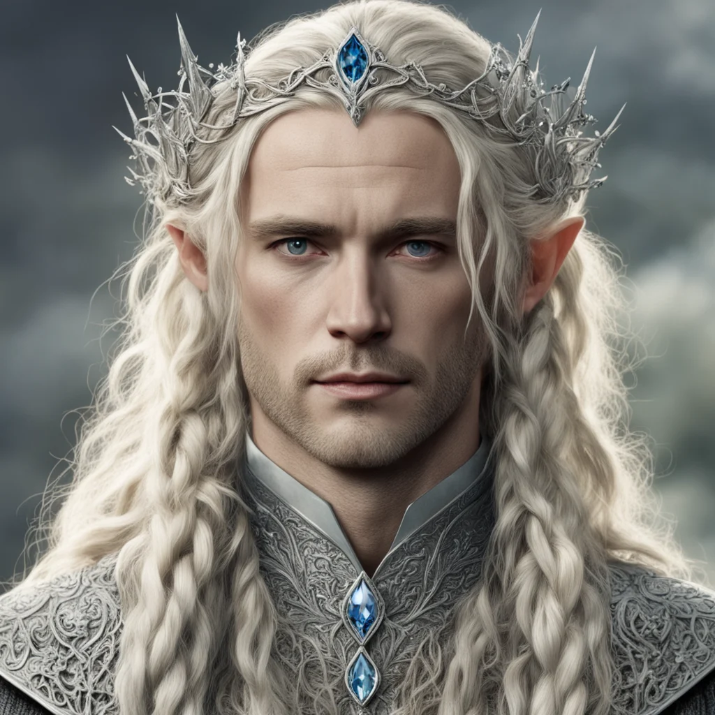 aitolkien king amroth with blond hair and braids wearing silver vines encrusted with diamonds forming a silver elvish circlet with large center diamond  amazing awesome portrait 2
