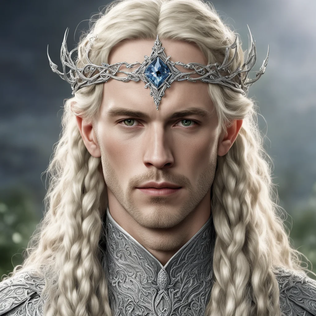 aitolkien king amroth with blond hair and braids wearing silver vines encrusted with diamonds forming a silver elvish circlet with large center diamond  good looking trending fantastic 1