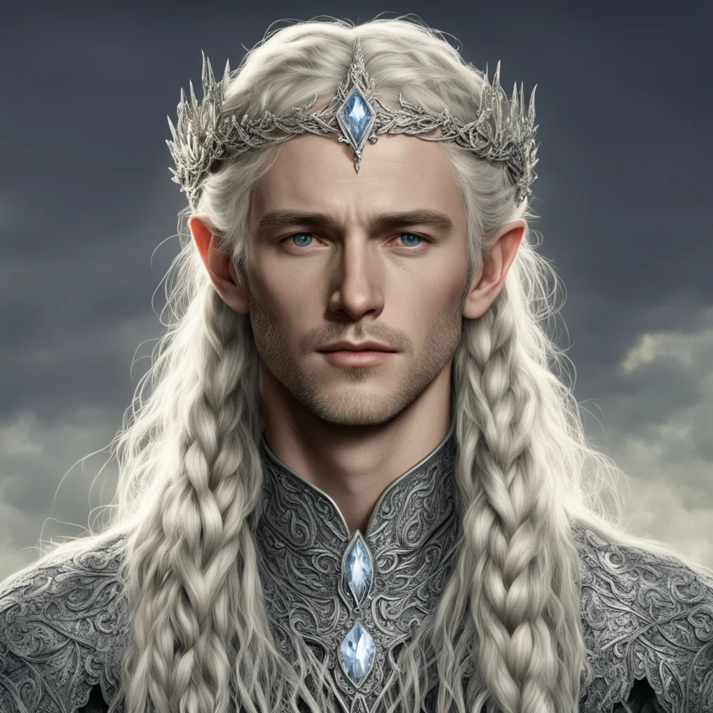 tolkien king amroth with blond hair and braids wearing silver vines encrusted with diamonds forming a silver elvish circlet with large center diamond 