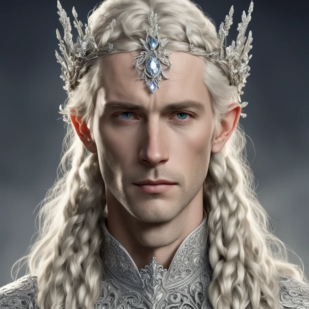 tolkien king amroth with blond hair and braids wearing silver vines encrusted with diamonds with silver flowers encrusted with diamonds forming a fancy silver elvish circlet with large center diamon