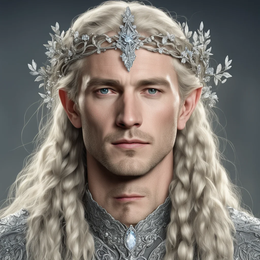 tolkien king amroth with blond hair and braids wearing silver vines encrusted with diamonds with silver flowers encrusted with diamonds forming a silver elvish circlet with large center diamond conf