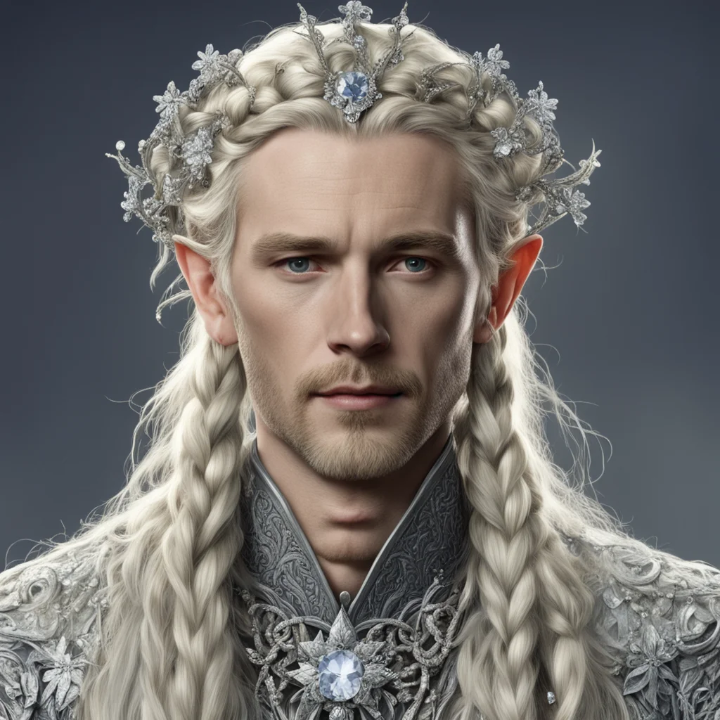 aitolkien king amroth with blond hair and braids wearing silver vines encrusted with diamonds with silver flowers encrusted with diamonds forming a silver elvish circlet with large center diamond