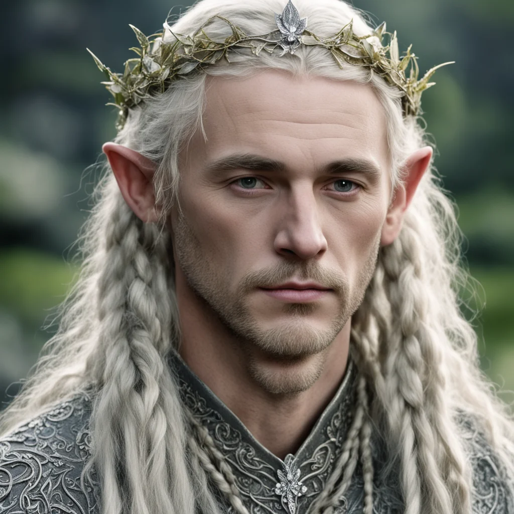 tolkien king amroth with blond hair and braids wearing silver vines will small silver leaves encrusted with diamonds to make a small silver elvish circlet with large center diamond good looking tren
