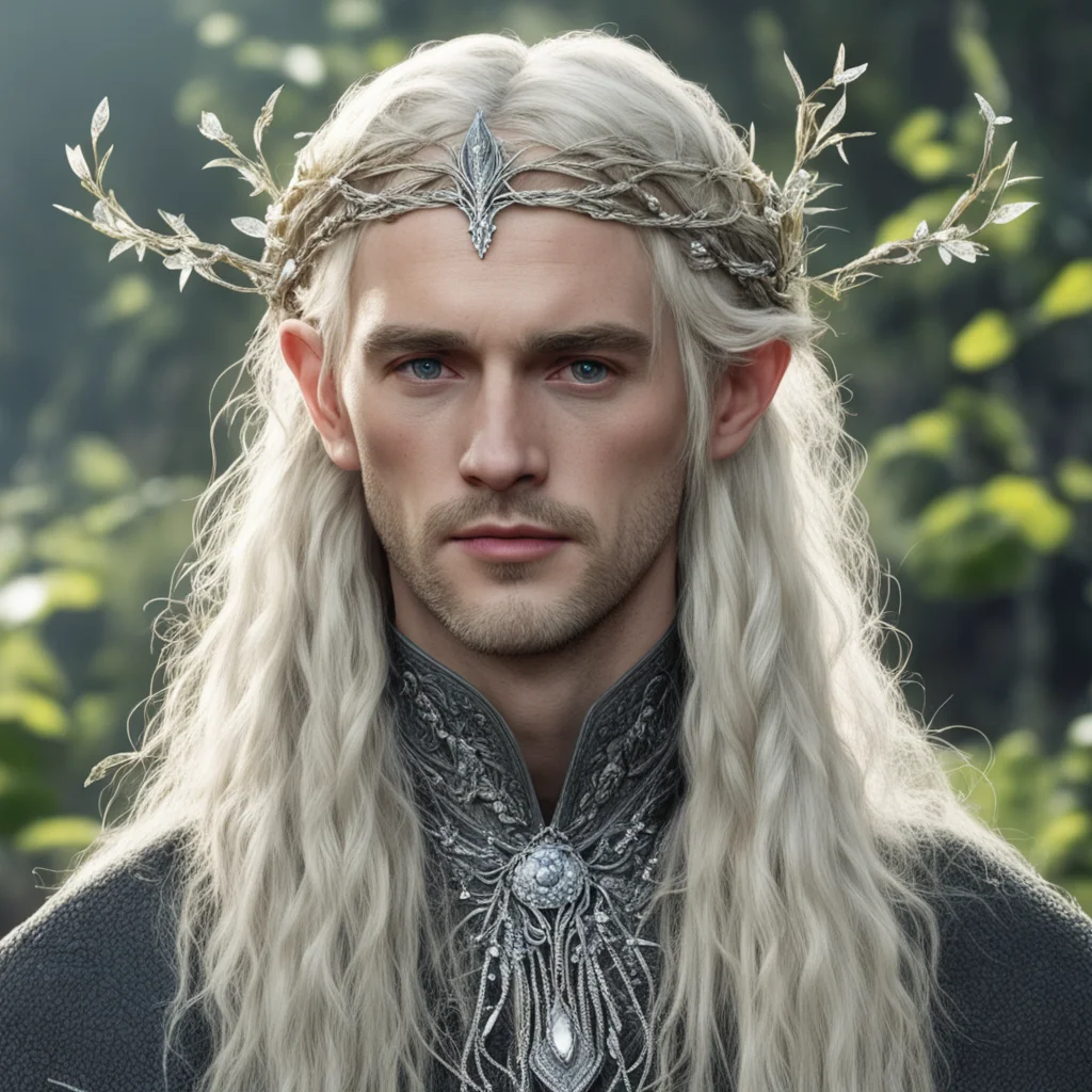 aitolkien king amroth with blond hair and braids wearing silver vines will small silver leaves encrusted with diamonds to make a small silver elvish circlet with large center diamond